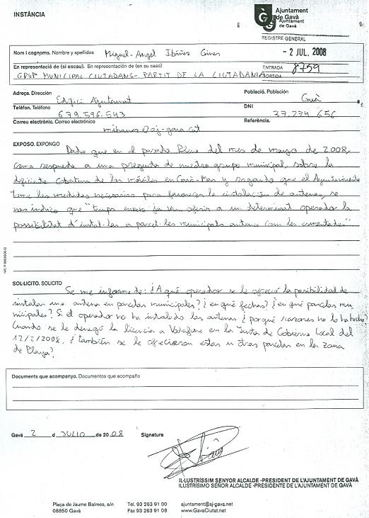Pregunta de C's de Gav&agrave; a l'Ajuntament de Gav&agrave; demanant major concreci&oacute; entorn del tema de la telefonia m&ograve;bil a Gav&agrave; Mar (2 de Juliol de 2008)